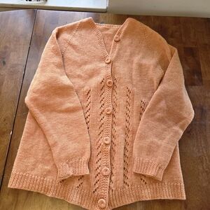 Handmade Peach Knit Cardigan, Women's Medium, V-Neck Pointelle Sweater